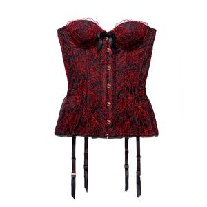 Red lace corset with tags and original packaging. Gold details